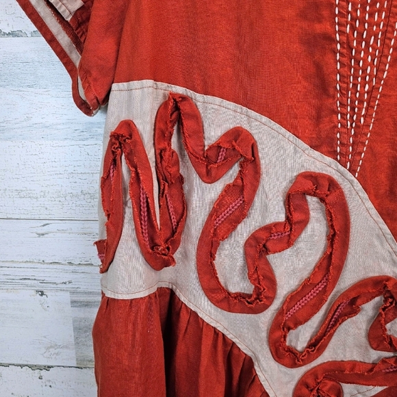 Peacock Ways Linen Lagenlook Casual Dress Sz Large Orange Artsy Folksy Modest - Picture 11 of 14